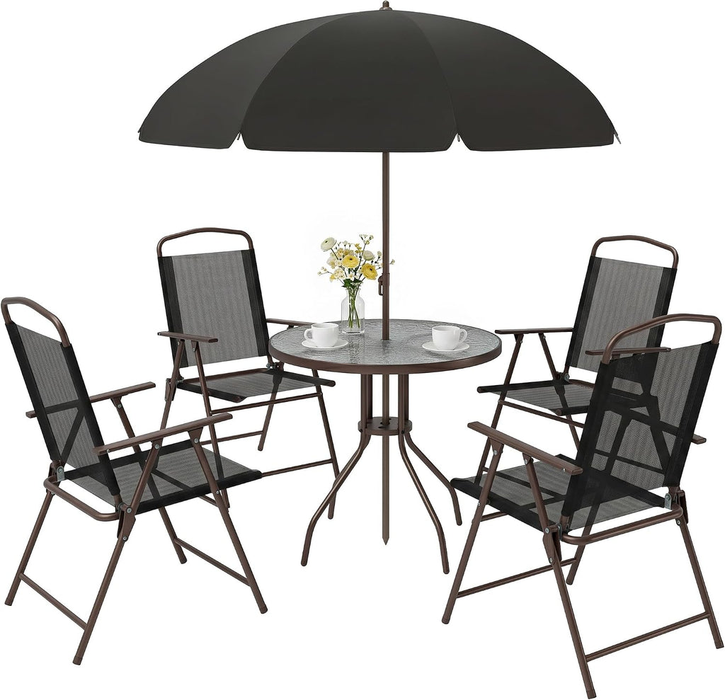 Outsunny 6 Piece Outdoor Patio Dining Set for 4 with Umbrella Black/Coffee