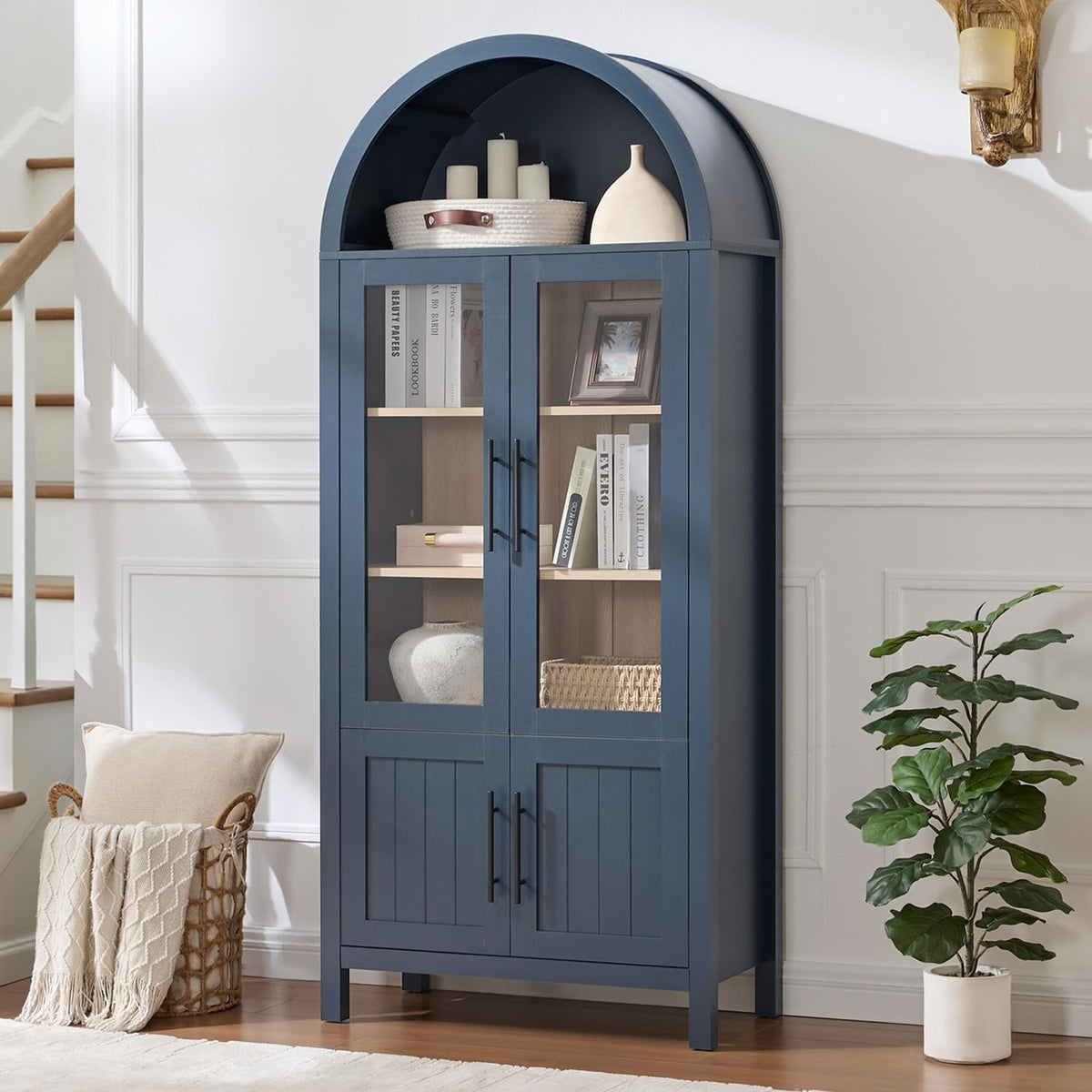 71" Tall Arched Display Cabinet with Glass Doors, 5-Tier Bookshelf
