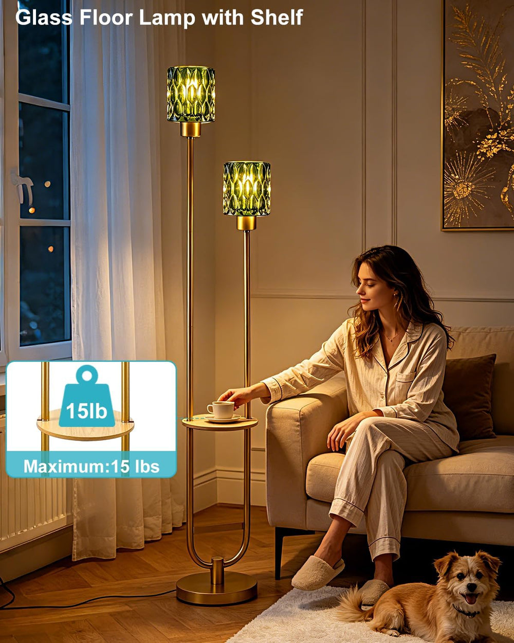 Green Glass Floor Lamp with Table Shelf, Modern Gold Standing Lamp