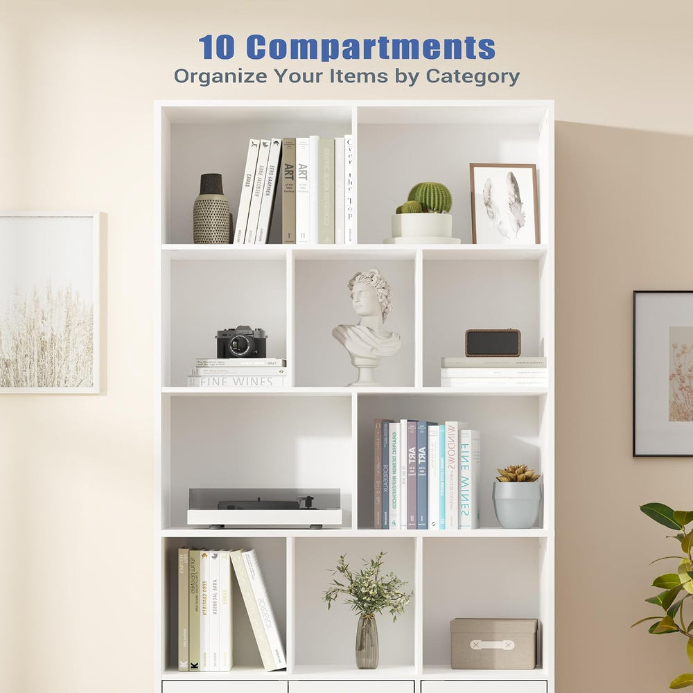Housoul 71" Tall Bookshelf, Bookcase with 10 Cubes and 3 Doors, White