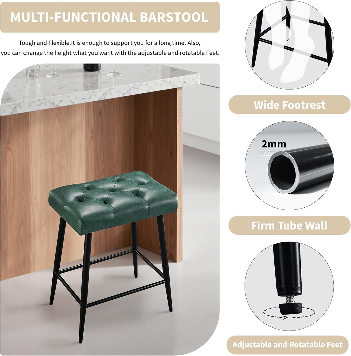 STOOLINK Bar Stools Set of 2, 24 Inch Counter Height Bar Stool for Kitchen Island, Modern Bar Hight Stools with Sturdy Metal Base and Thickened Saddle Cushion, 330Lbs, Green