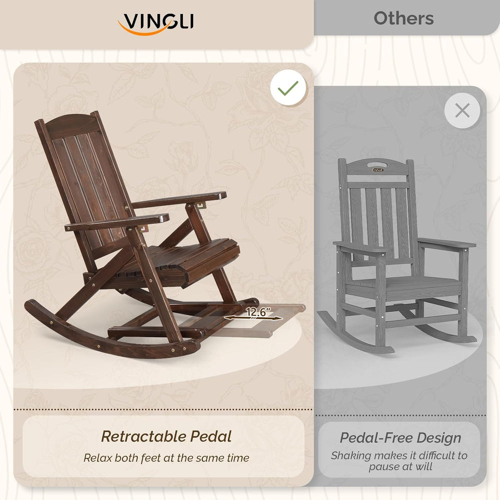 VINGLI Wooden Porch Rocking Chair, Heavy Duty Outdoor Rocking Chair with Retr...