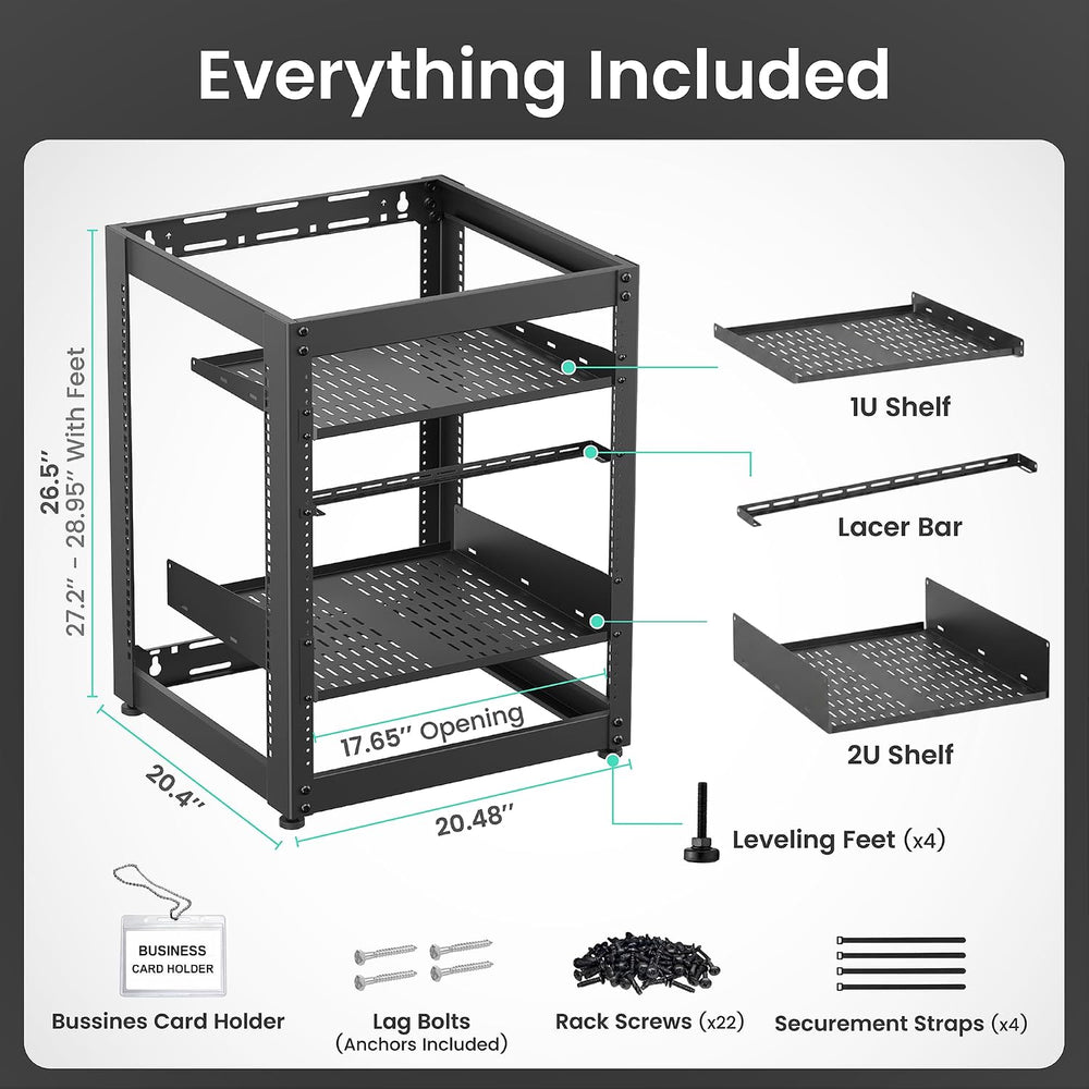 ynVISION.DESIGN 15U Open Frame AV Rack with 1U and 2U Shelves, Lacer Bar
