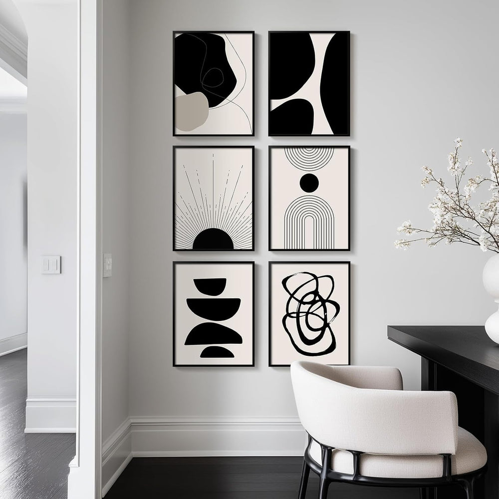 Framed Black and White Modern Abstract Wall Art for Living Room, 6 Pieces
