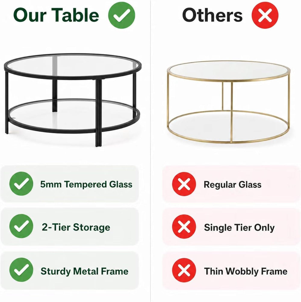 Coffee Tabale - Round Glass Coffee Table - Storage