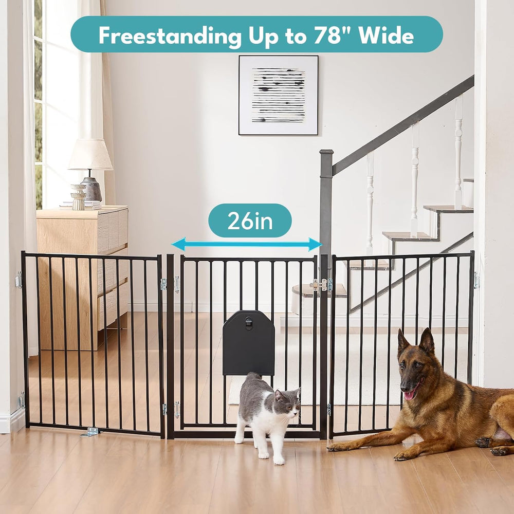 No Pawblems Freestanding Dog Gate with Cat Door for Indoor & Outdoor,Black