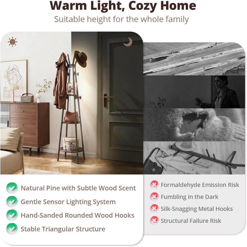young master Freestanding Coat Rack with Light, 12 Hooks & 3 Wood Shelves...