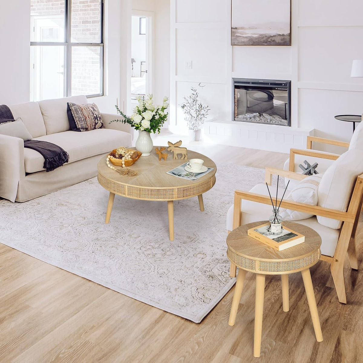 Wnutrees Farmhouse Round Coffee Table, Rustic Sofa Side Tea Set, Natural | 2 Pack Nesting Center Unit with Handmade Rattan, Living Room French Country Decor