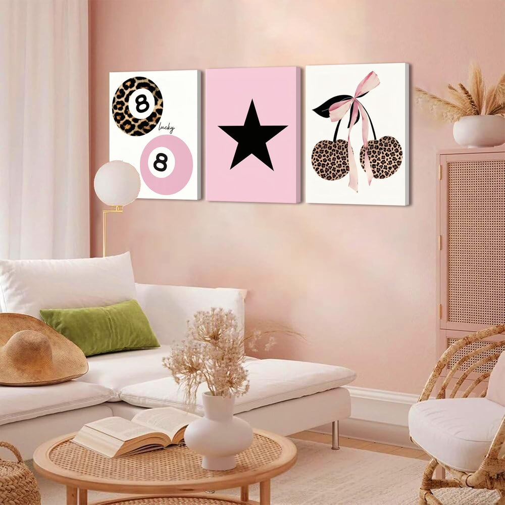 Trendy Pink Leopard Bow Canvas Wall Art Set of 3 Funky Cherry Lucky 8 Ball Po...