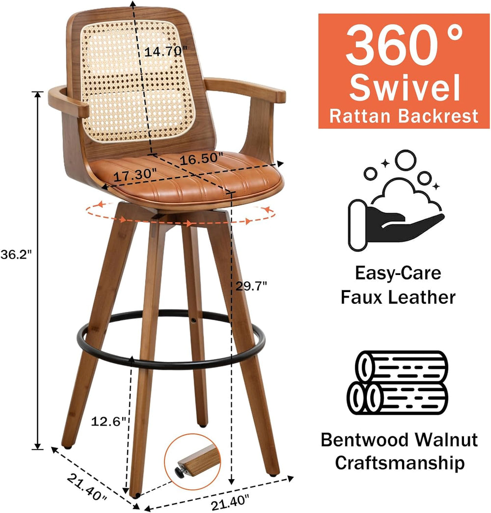 Mid Century Modern Bar Stools, Bar Height Swivel Chairs with Rattan Back