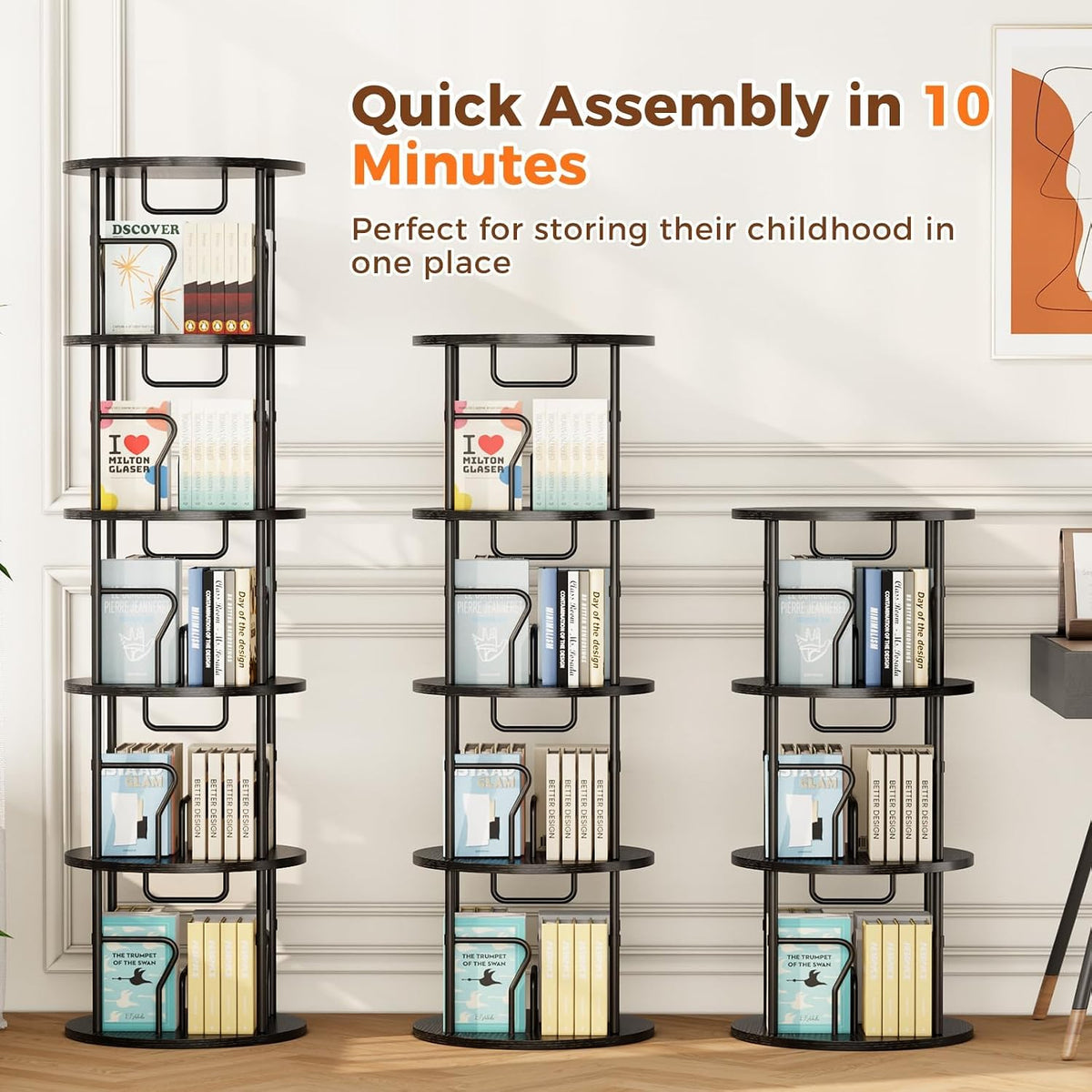 4 Tier Rotating Bookshelf Tower, 360° Display Round Bookcase, Floor Standing Corner Revolving Bookshelf Organizer Storage Rack for Small Spaces, Home Study Office, Black