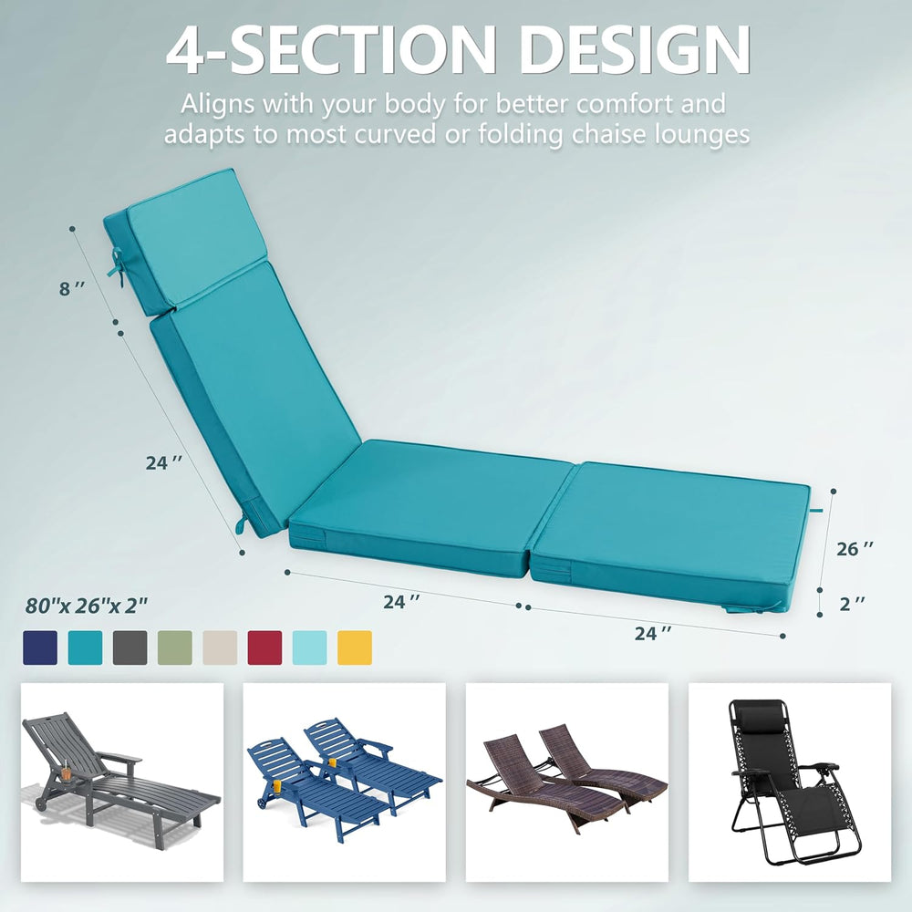 80 x 26 Inch Outdoor Chaise Lounge Cushions Set of 2 - Removable Cover, 4-Sec...