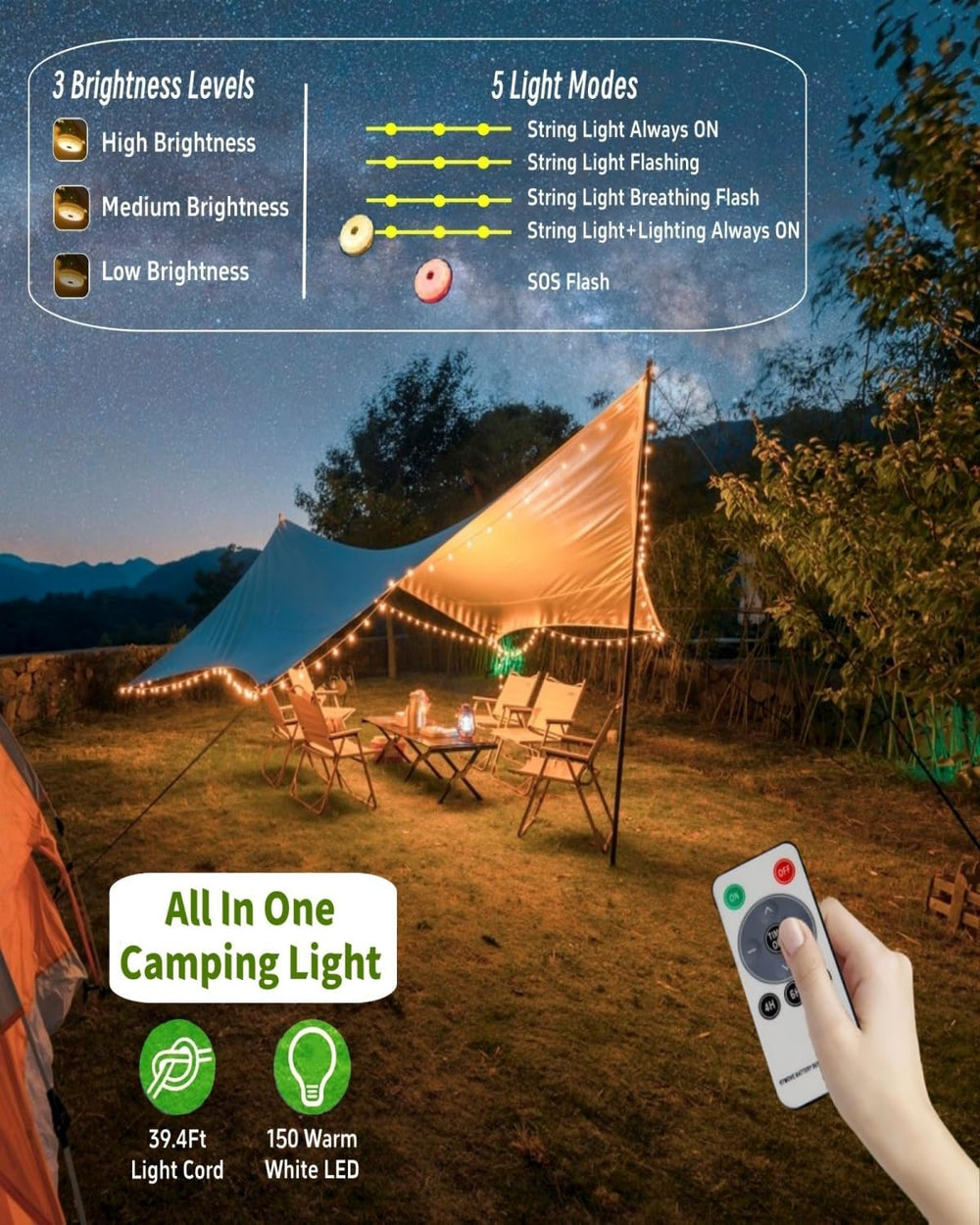 Solar Camping String Lights, 4 in 1 Remote 39.4 FT Christmas Fairy Lights