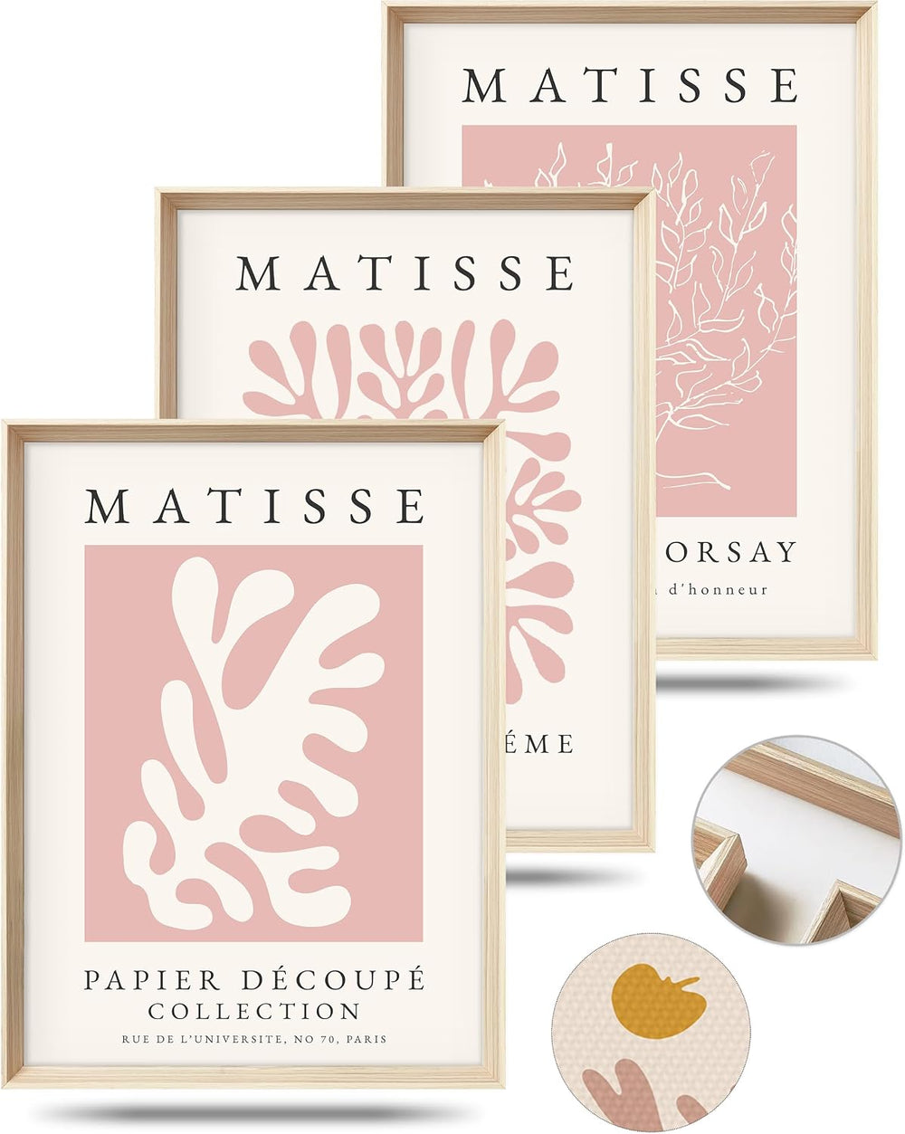 Framed Matisse Pink Wall Art Set of 3, Abstract Canvas Prints
