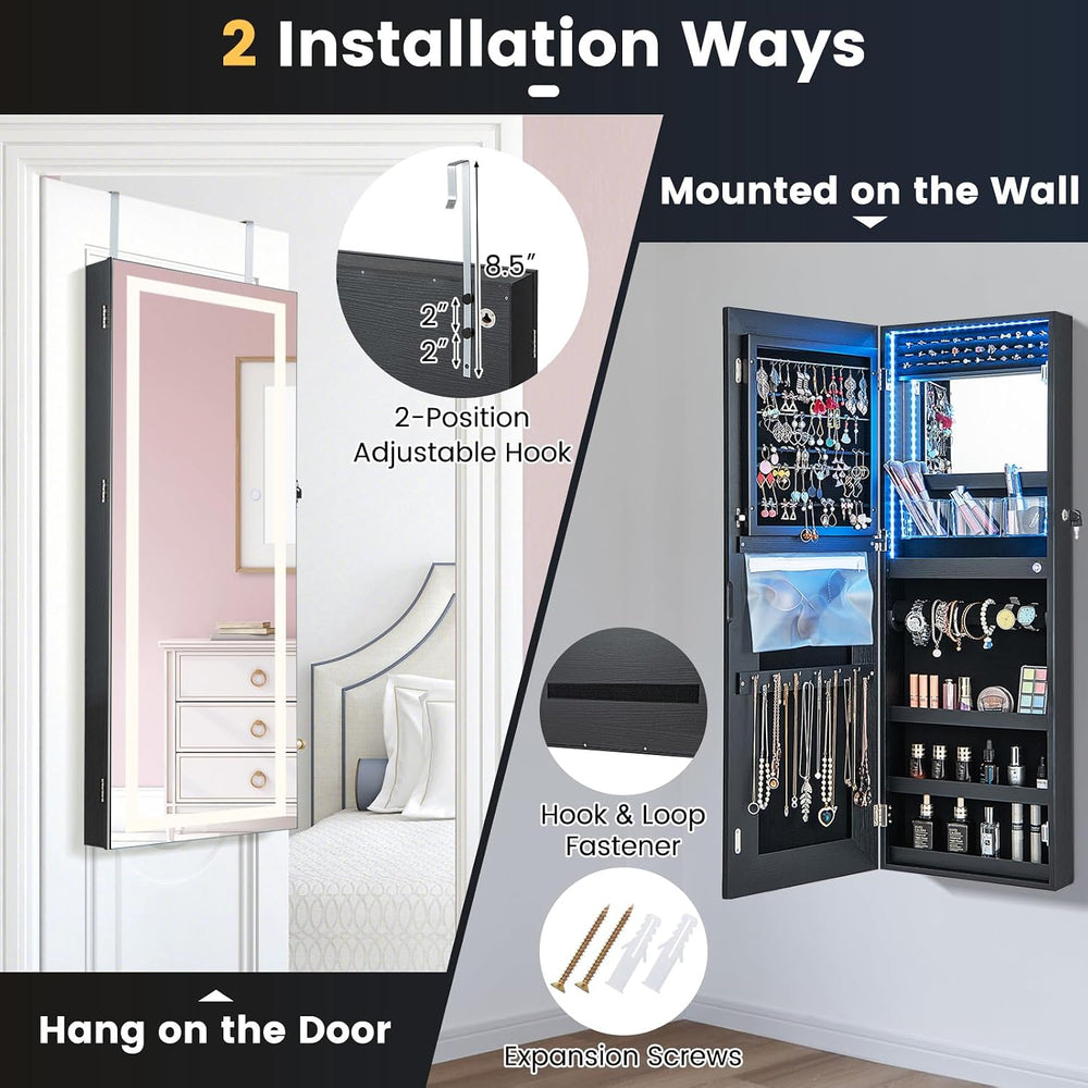 CHARMAID LED Mirror Jewelry Cabinet, Wall or Door Mounted, Black