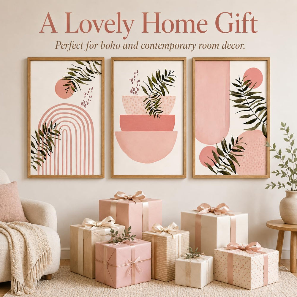 Framed 3pcs Boho Pink Geometric Leaf Canvas Wall Art 12x16 Inch
