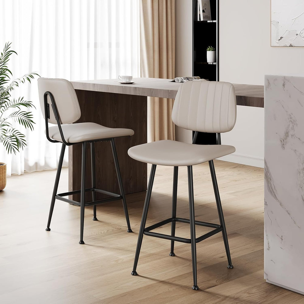 Raynesys 24-Inch Leather Bar Stools Set of 3 with High Backrest, Beige