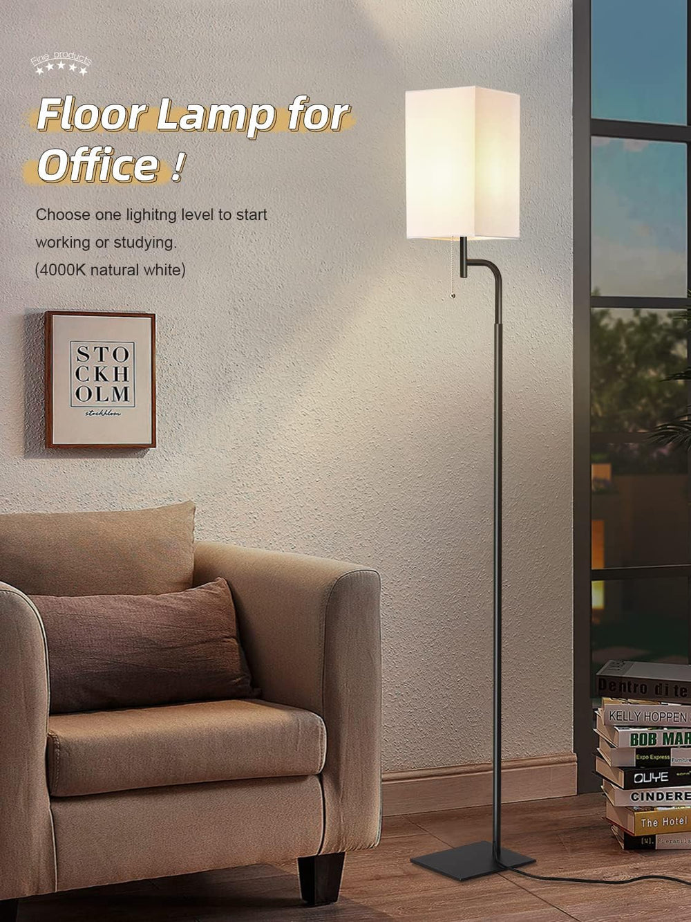 Modern Floor Lamp for Living Room, Linen Shade with Slim Base Design