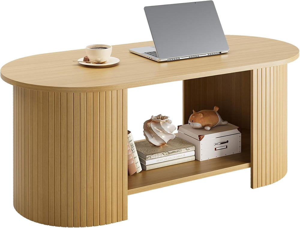42" Oval Fluted Coffee Table, 2-Tier Center Table with Large Storage, Mi...