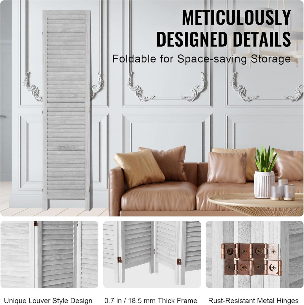 VEVOR Wood Room Divider, 4 Panel Folding Privacy Screen, 66.9 Inches Tall Indoor Wooden Partition, Portable Decoration Screen, for Room Separation, Home, Office, Restaurant & Bedroom (Light Grey)