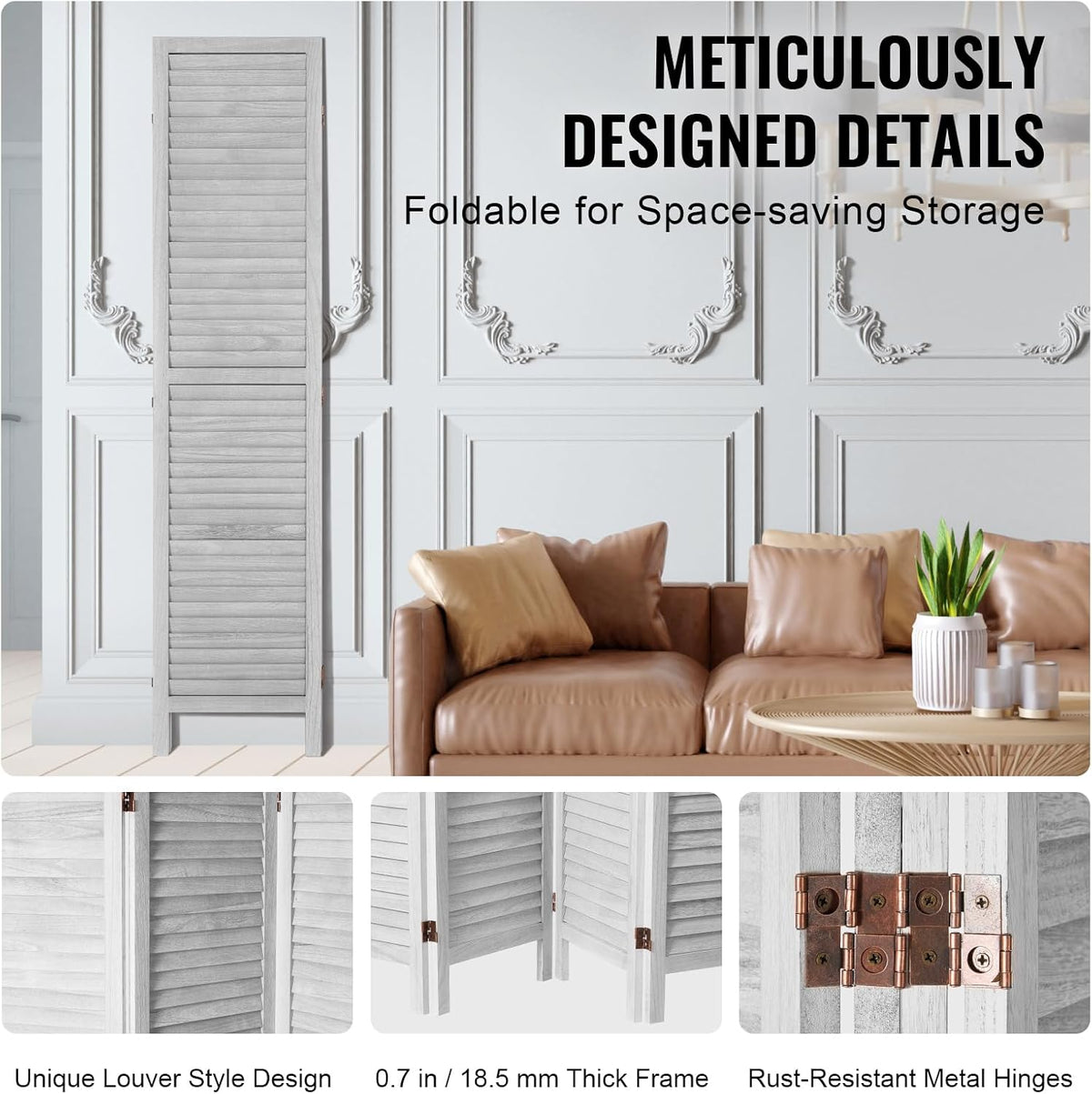 VEVOR Wood Room Divider, 4 Panel Folding Privacy Screen, 66.9 Inches Tall Indoor Wooden Partition, Portable Decoration Screen, for Room Separation, Home, Office, Restaurant & Bedroom (Light Grey)