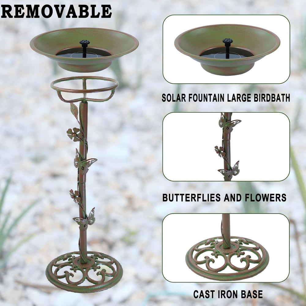 28.5"H Solar Bird Bath for Outside,Cast Iron Bird Bath with Solar Fountain
