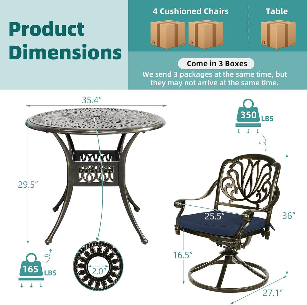 MEETWARM 5-Piece Outdoor Patio Dining Set, All-Weather Cast Aluminum Patio Co...