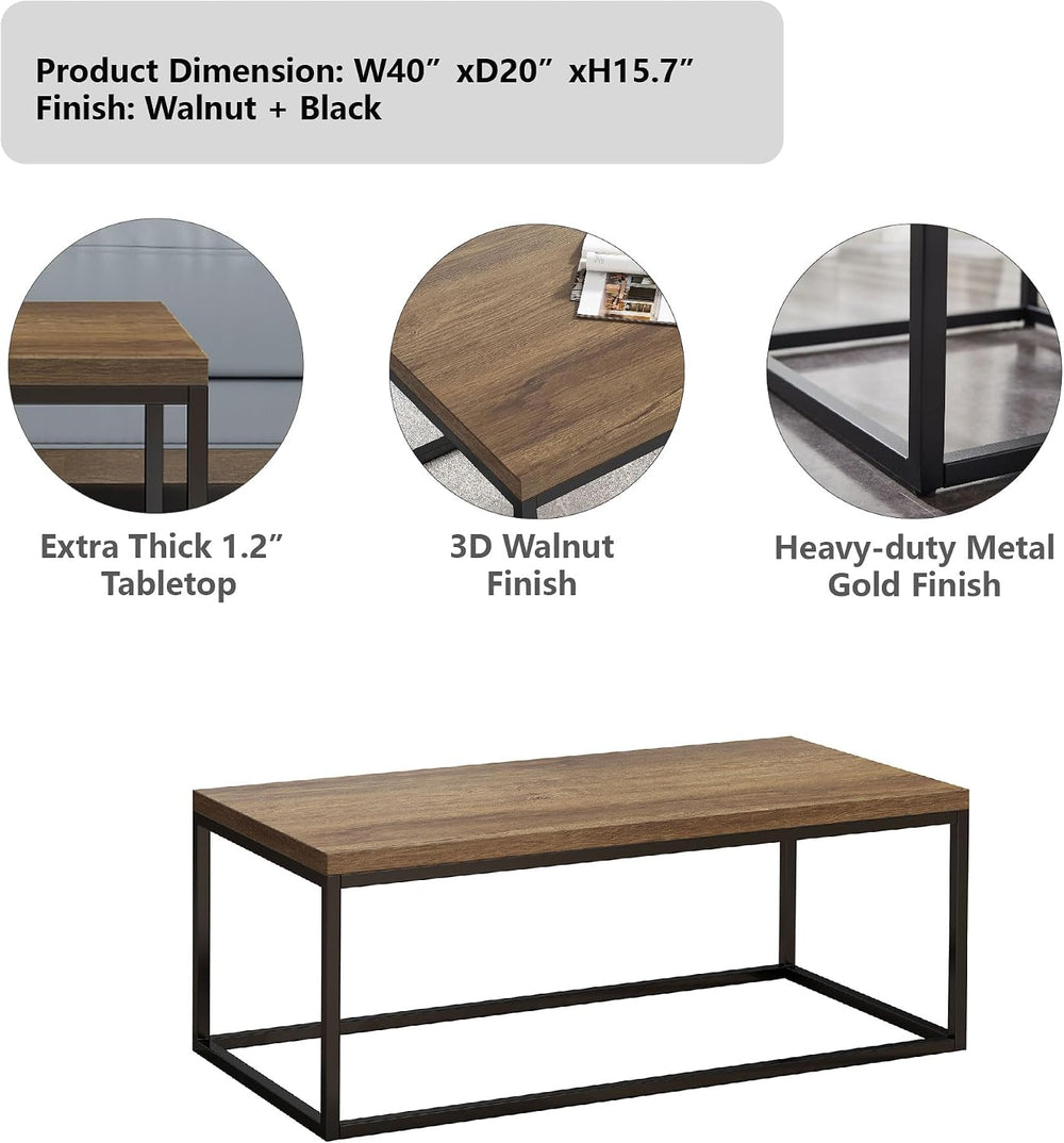 CENSI 40" Walnut Coffee Table, Extra Thick 1.2" Top