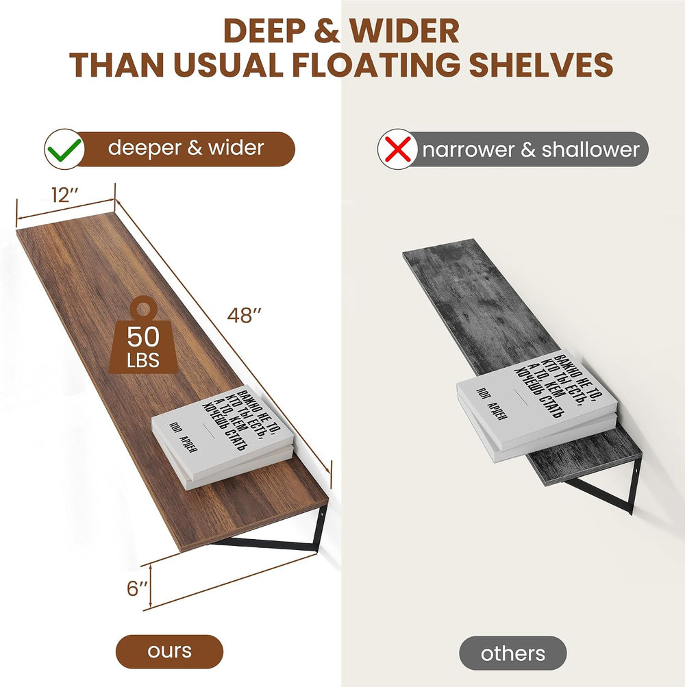 Heimlove 48W x 12D Deep Floating Shelves Set of 2 Walnut