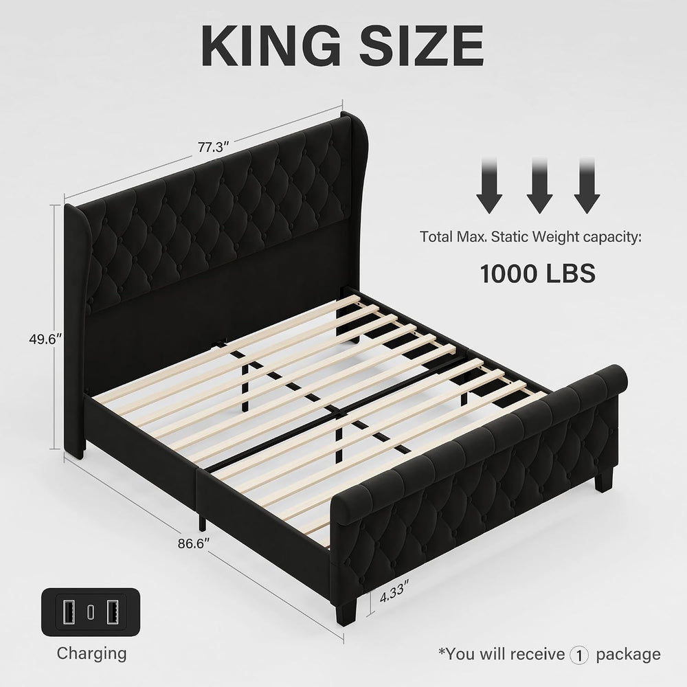 King Size Bed Frame with Headboard, Upholstered Bed Frame, Balck