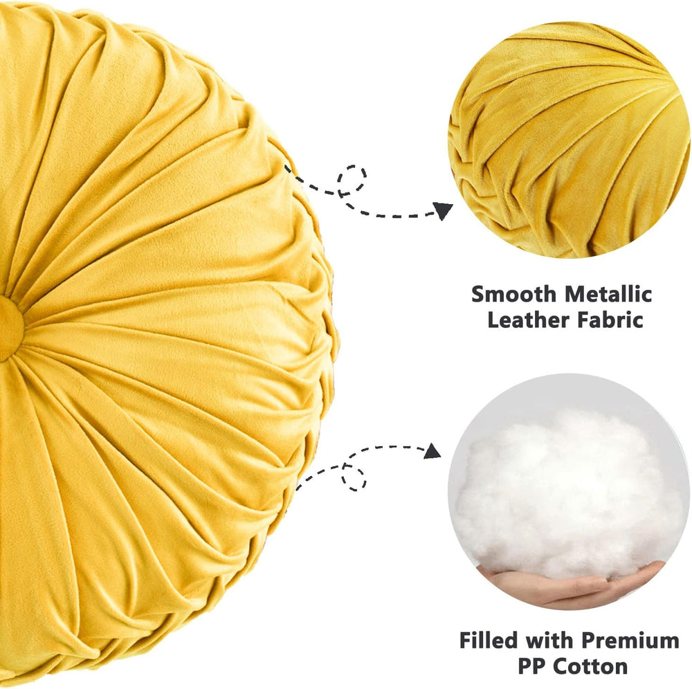 HIG Set of 2 Yellow Velvet Decorative Round Pleated Throw Pillows