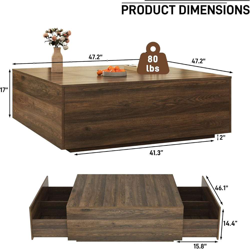 47 Inch Large Square Coffee Table with Storage,Wooden Coffee Table((Walnut)