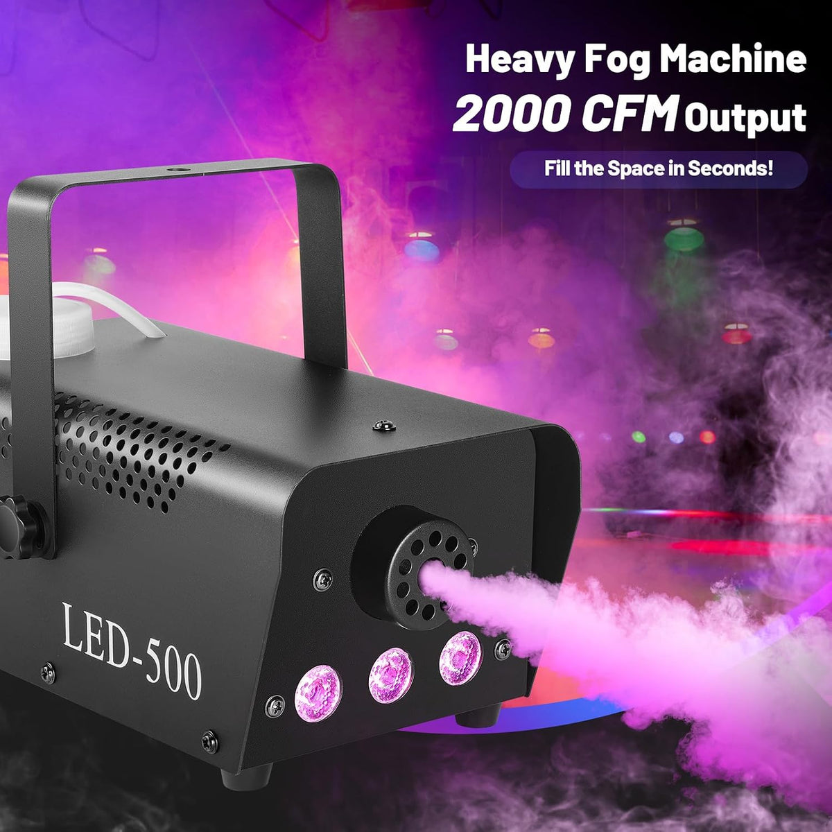 Fog Machine 500W with 14 Color RGB LED Lights and Auto Mode, 2000CFM Smoke Machine Fog with Wireless Remote Control for Parties Indoor Outdoor Wedding DJ Stage Halloween, Black