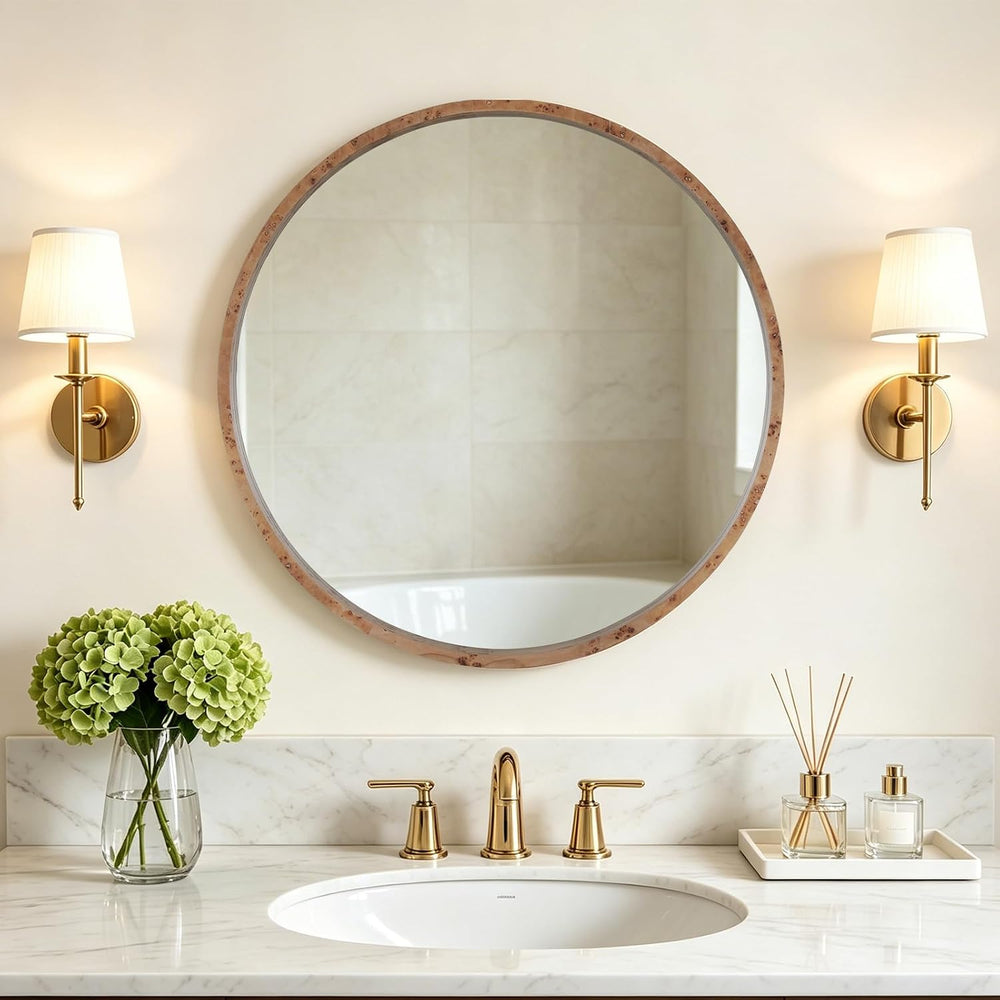 WallBeyond 28 Inch Round Wood Mirror, Burlwood Grain Wood Frame Circle Mirror...