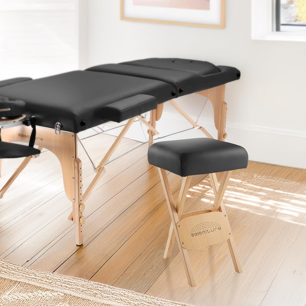 Saloniture Wood Folding Massage Stool with Carrying Case, Black