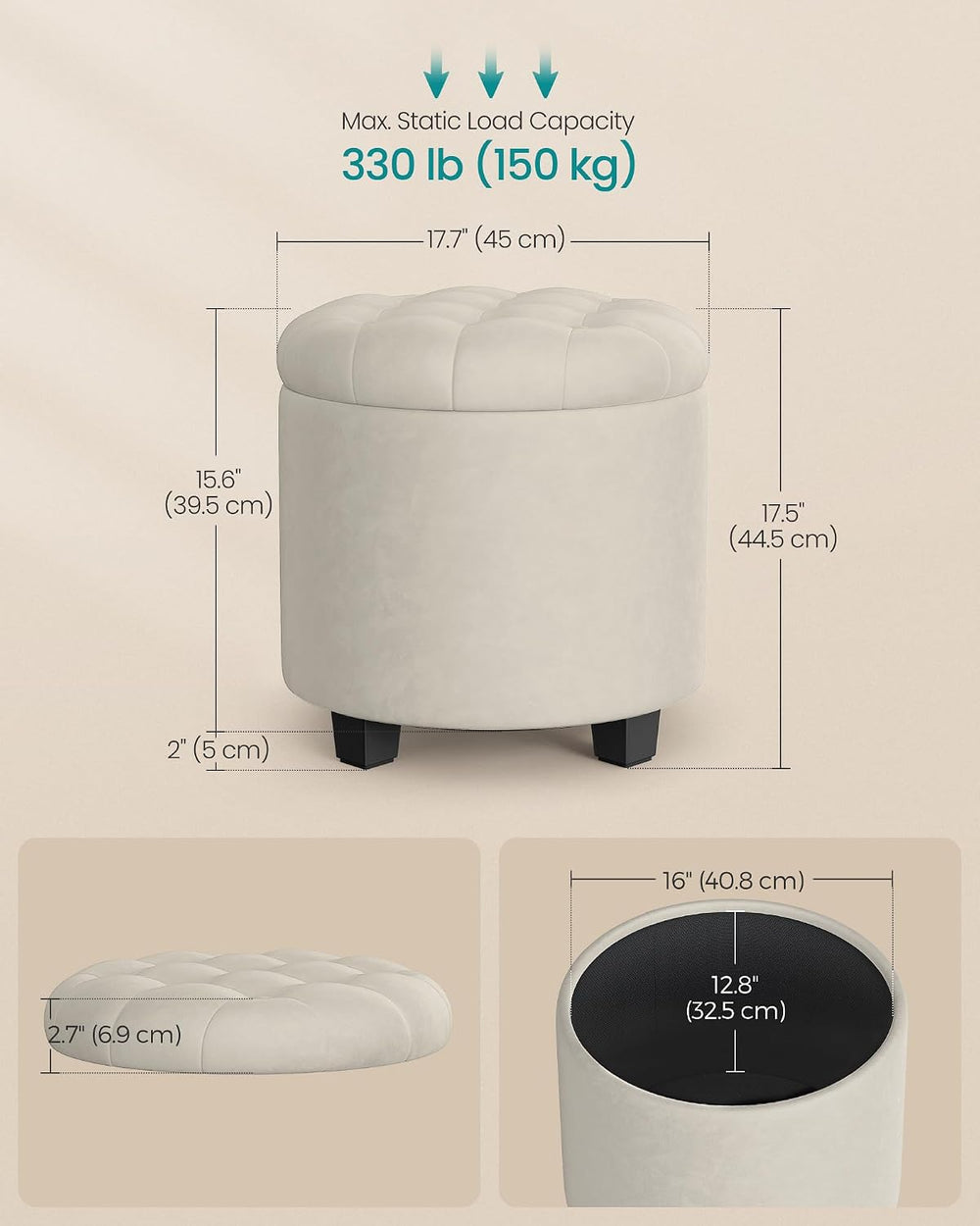 SONGMICS Vanity Stool, Round Ottoman with Storage, Velvet