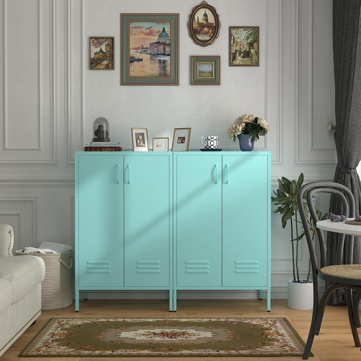 IRONFFICE Metal Accent Cabinet, Steel Cabinet Organizers and Storage, Metal Cabinet with Adjustable Shelves, 2 Doors Storage Cabinet for Living Room, Hallway, Office, Blue