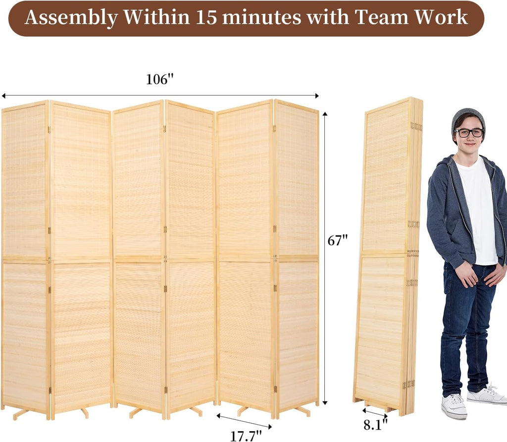 Bamboo Room Divider 6 Panel Wall Divider,Folding Screen W/Extra Stable Base