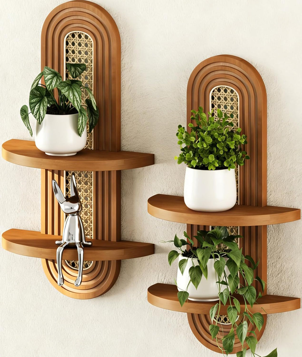 Floating Shelves for Wall,Boho Home Wall Decor,2-Tier Rattan Plant Shelf,Mid ...