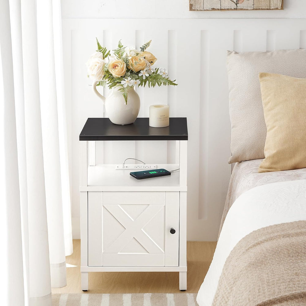 MAHANCRIS Set of 2 Farmhouse Nightstand with Charging Station, Night Stand En...