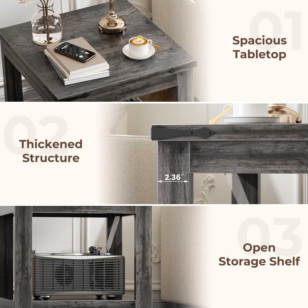 Homieasy 20" End Table with Storage Shelf, Farmhouse Bedside Table, Grey