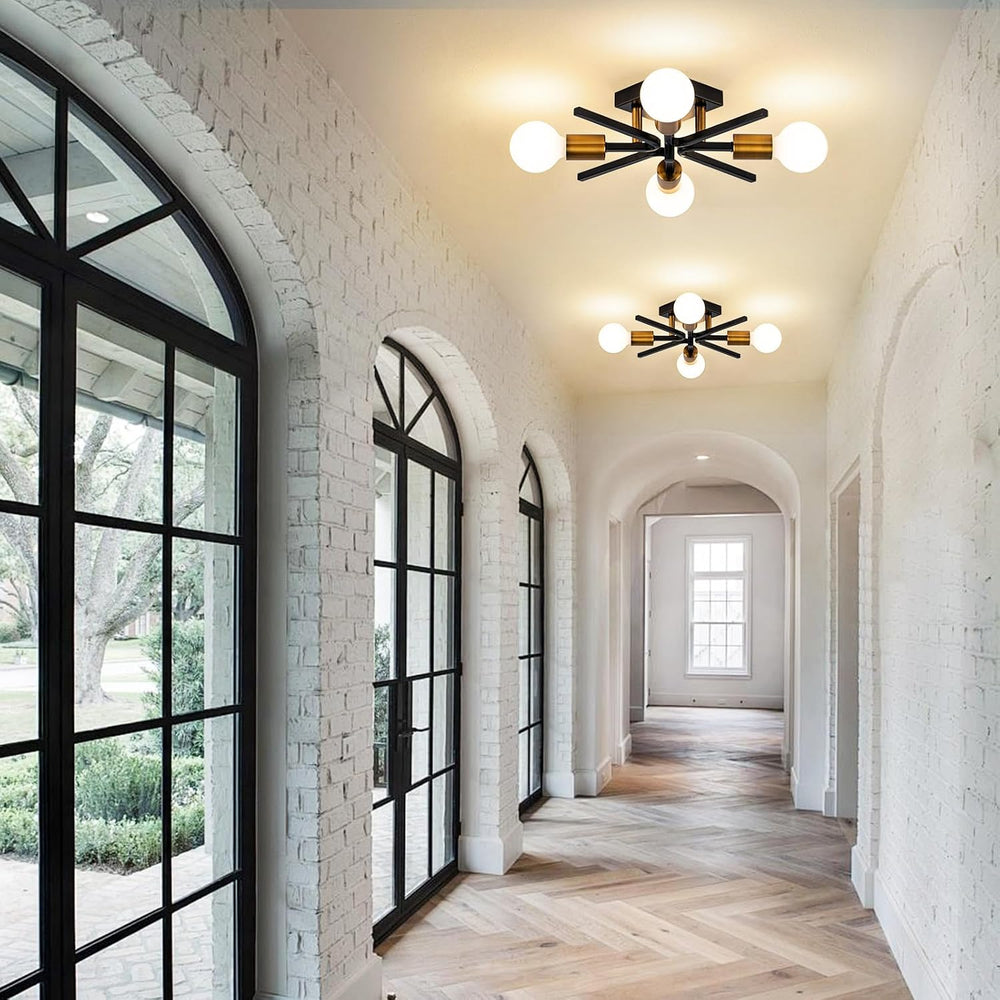 Black Gold Sputnik Ceiling Light Fixture 2-Pack, Farmhouse Semi Flush Mount