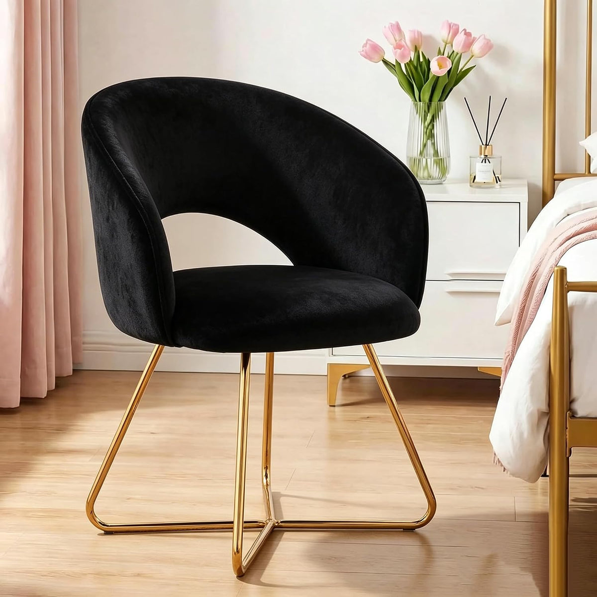 Furniliving Velvet Accent Chair for Living Room, Comfortable Upholstered Barrel Vanity Chair with Back, Mid Century Black Makeup Chair with Gold Legs (Black)