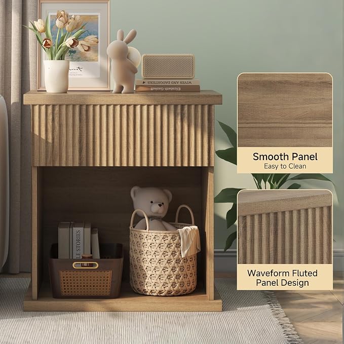 Fluted Nightstand Set of 2, 22.8" Wide Nightstands with Drawer Storage Large Wood BedsideTable Night Stands for Bedroom, Natural Oak