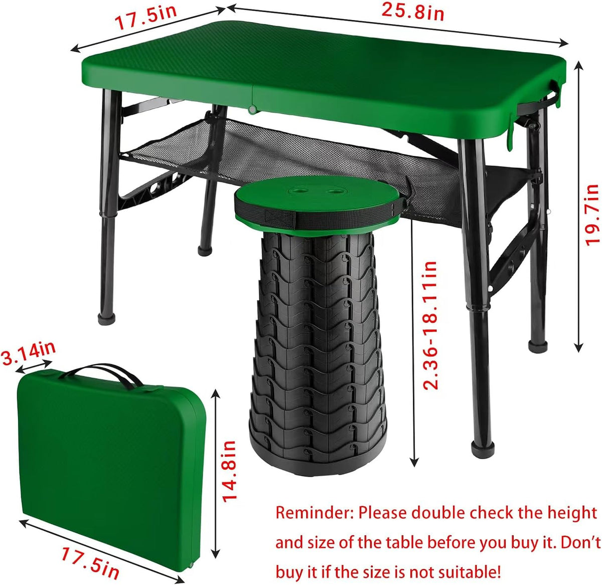 small folding table and stool, portable, adjustable height showing dimensions