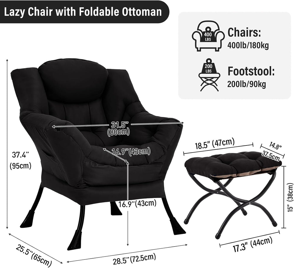 Furlide Lazy Chair with Ottoman, Soft Comfy Chair for Bedroom, Black