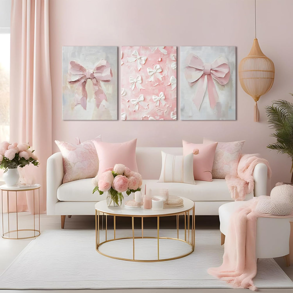 Pink Bow Canvas Wall Art Set of 3 Coquette Oil Painting Cute Bow Posters Wall...