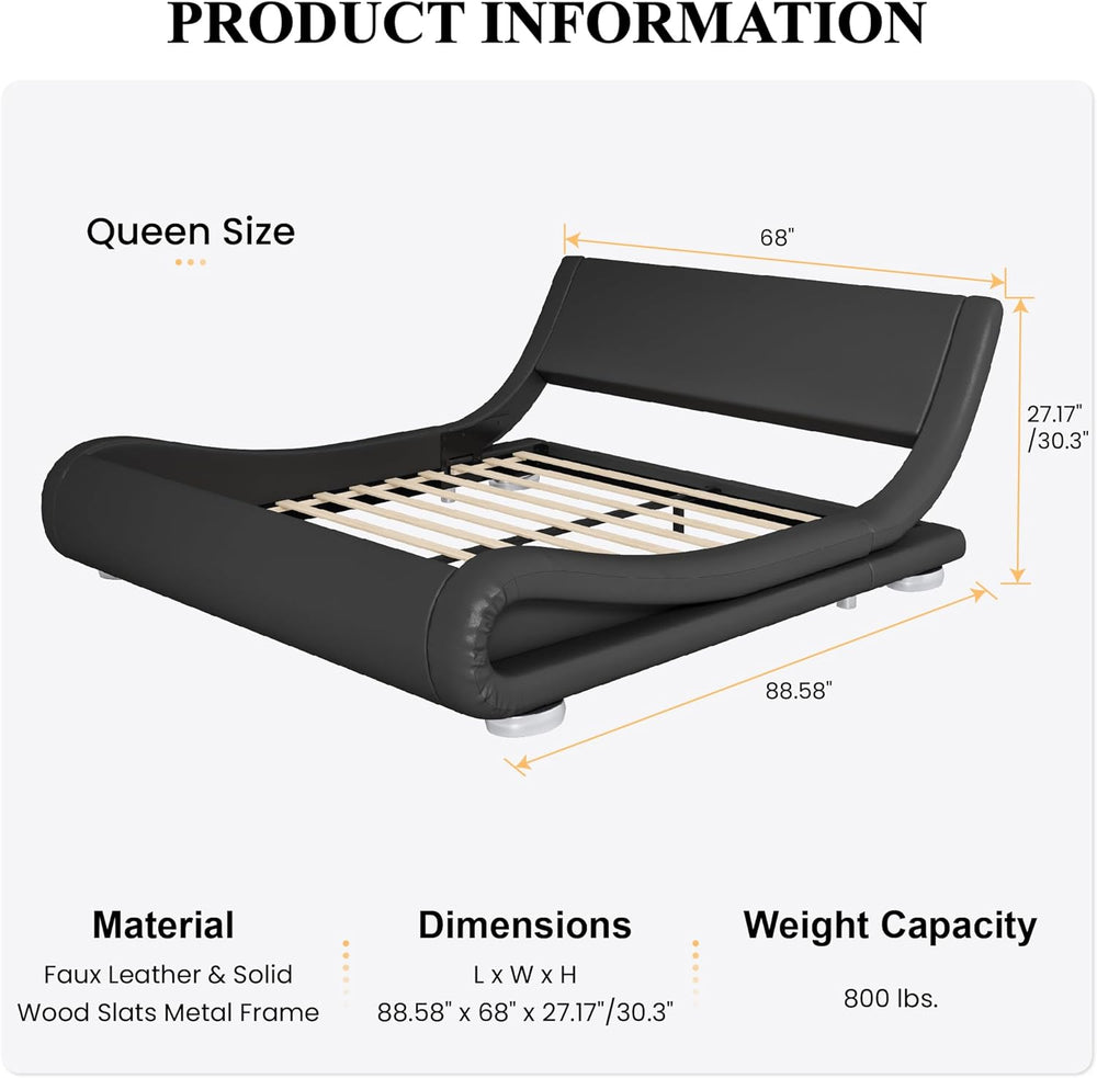 SHA CERLIN Queen Size Sleigh Bed Frame, Low Profile, Faux Leather, Black