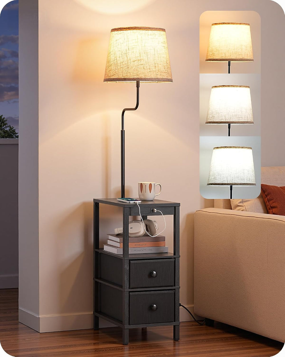 EDISHINE Floor Lamp with Table, Dimmable USB-A+Type-C Ports, Remote, Black