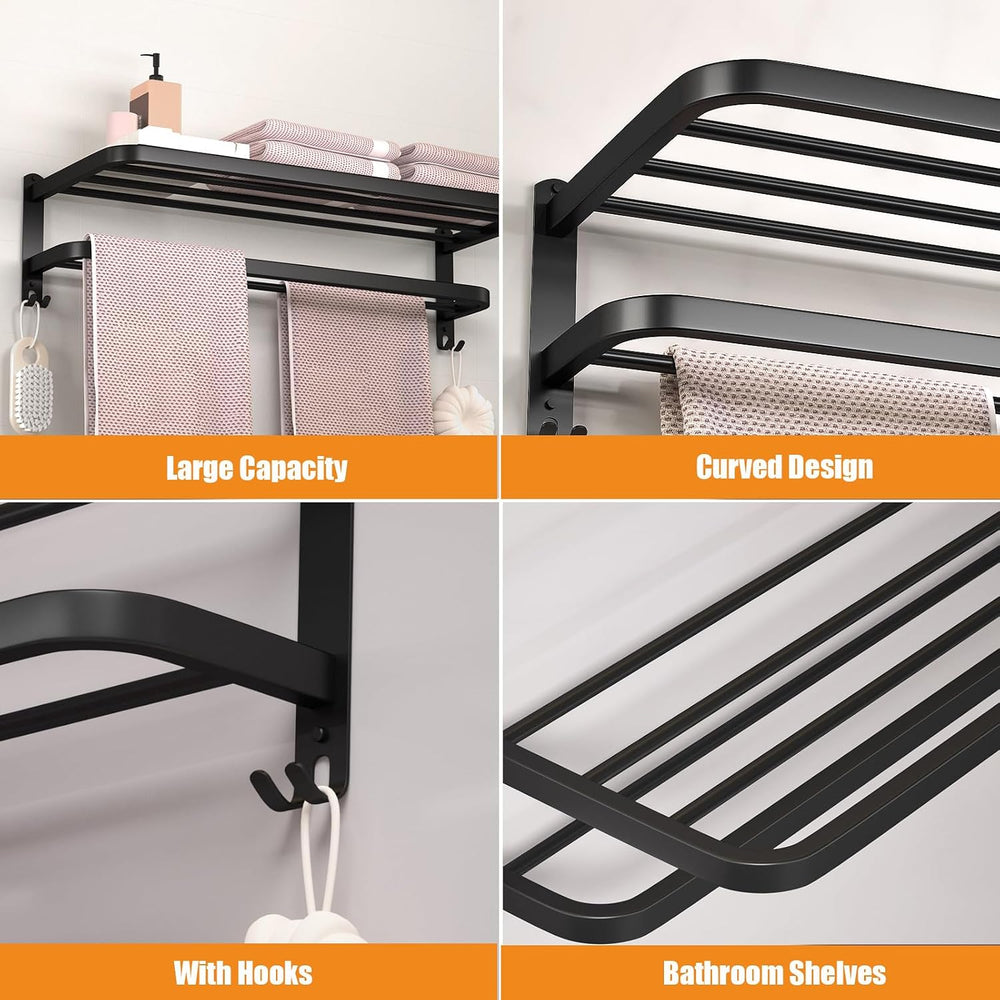 15 Inch Black Towel Racks for Bathroom Towel Shelf with Double Towel Bars Lav...